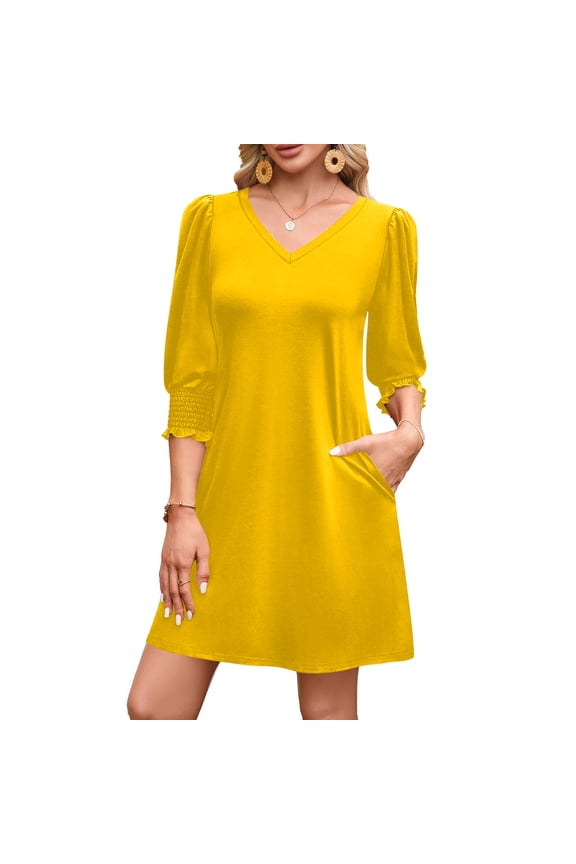 Women's Solid Color V-Neck Three Quarter Sleeve Dress Casual Fashion Elastic Cuffs Soft Comfortable Polyester Fabric Versatile Midi Dress for Spring Summer Daily Dating Party Work Gift