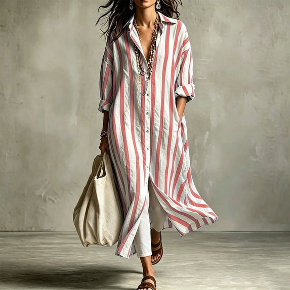 TaTaai Women's Spring Fall Striped Dress Long Sleeve V-Neck Cardigan Open Front with Pockets Loose Casual Long Maxi Dress for Daily Home Wear