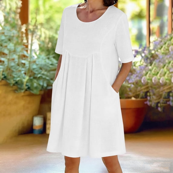 TaTaai Women's Spring Summer Casual Dress 3/4 Sleeve Crew Neck Solid Color with Pockets Knee Length Shift Dress Soft Gift