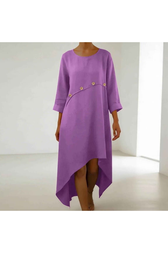 Women's Spring Summer Casual Dress 3/4 Sleeve Round Neck Solid Color Loose Fit Hi-Lo Hem Ankle Length Shift Dress Soft Stretchy Gift