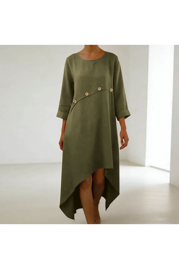 Women's Spring Summer Casual Dress 3/4 Sleeve Round Neck Solid Color Loose Fit Hi-Lo Hem Ankle Length Shift Dress Soft Stretchy Gift