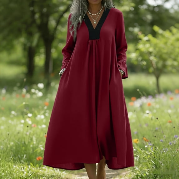 TaTaai Women's Spring Summer Casual Dress V Neck Long Sleeve Loose Fit Ankle Length with Color Block Detail Maxi Shift Dress Gift