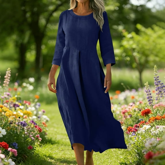 TaTaai Women's Spring Summer Pocket Dress 3/4 Sleeve Linen Loose Casual Long Midi Dress for Daily Home Beach Wear Gift