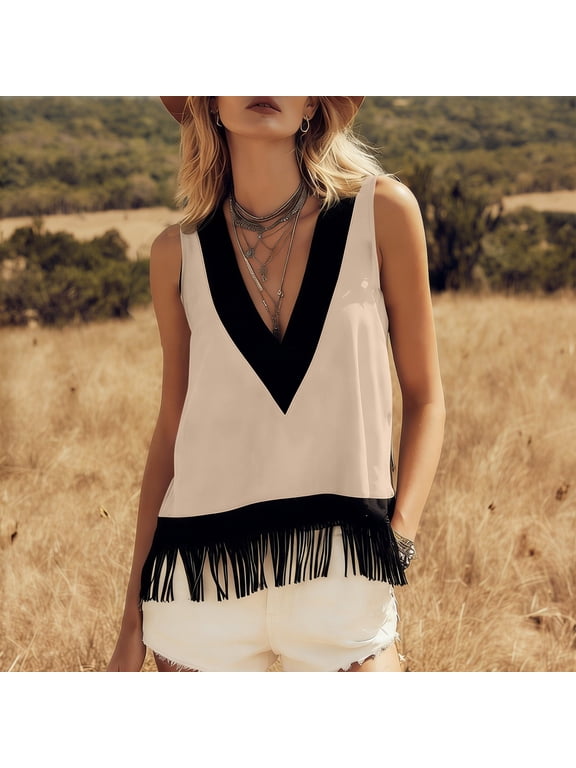 Women's Spring Summer Solid Color Western Cowboy Sleeveless Top, Fringe Detail V Neck Tank Blouse, Vintage Boho Shirt for Beach and Daily Wear Gift