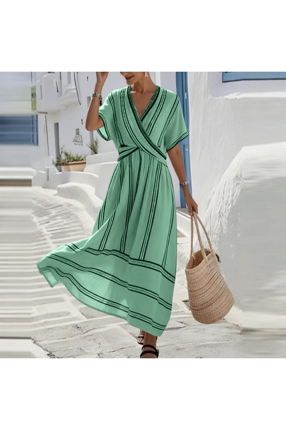 Women's Spring Summer Striped Dress V-Neck Short Sleeve Wrap Front Flared Loose Casual Maxi Long Dress for Daily Beach Wear Gift