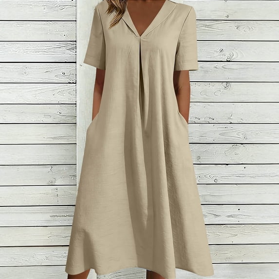TaTaai Women's Spring Summer V-Neck Dress Short Sleeve Linen Blend Loose Casual Midi Dress for Daily Home Beach Vacation Wear Gift