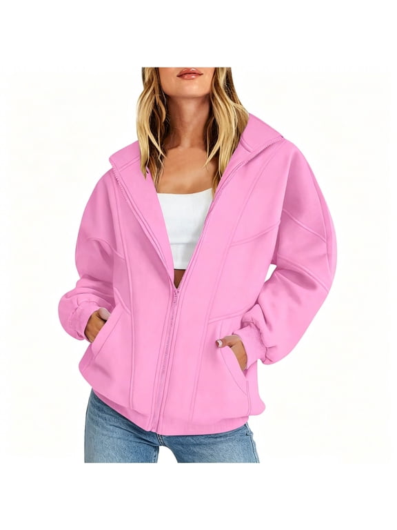 Women's Stand Collar Zip Up Sweatshirt Jacket Long Sleeve Fleece Casual Coat with Pockets for Winter