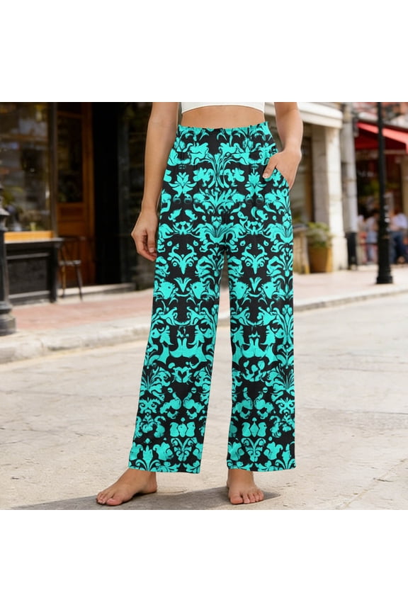 Women's Straight Leg Pants for Women Printed Elastic Waist High Waisted Loose Fit Linen Feel Trousers with Pockets for Daily Gift