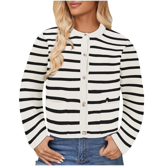 TaTaai Women's Striped Loose Cardigan Long Sleeve Round Neck Casual Sweater Jacket for Fall Winter