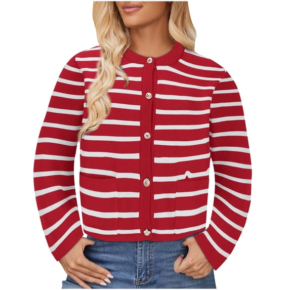 TaTaai Women's Striped Loose Cardigan Long Sleeve Round Neck Casual Sweater Jacket for Fall Winter