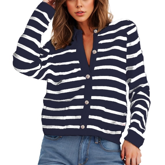 TaTaai Women's Striped Loose Cardigan Long Sleeve Round Neck Casual Sweater Jacket for Fall Winter