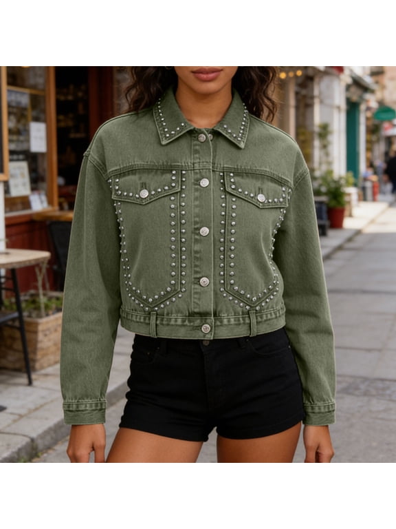 Women's Studded Denim Jacket Long Sleeve Lapel Short Colorful Casual Coat for Summer Spring Daily