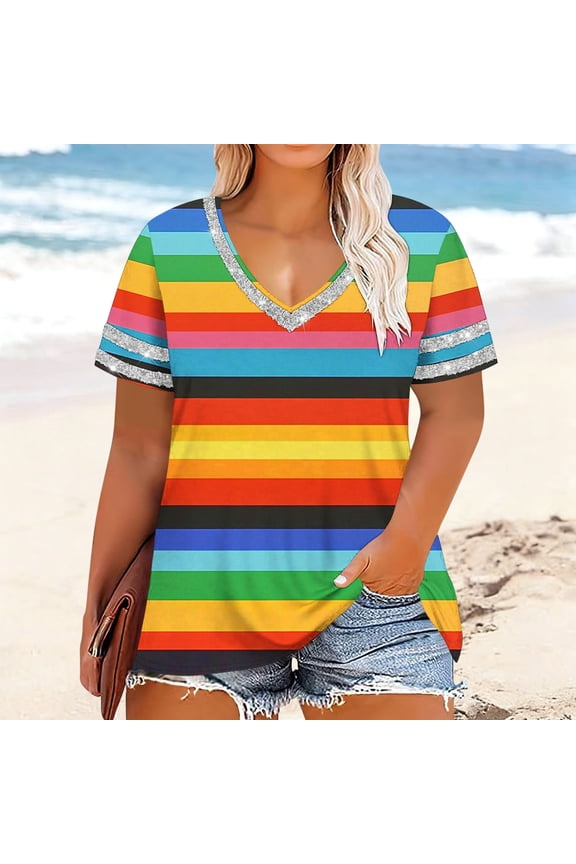 Women's Summer Casual Loose Plus Size V-Neck Tops Random Print Short Sleeve Soft Polyester Lightweight Comfortable Daily Basic T-Shirts Gift