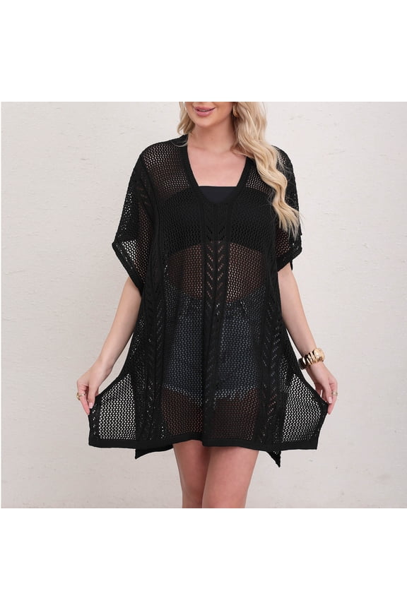 Women's Summer Knitted Beach Cover Up Dress Hollow Detail V-Neck Back Cutout Sunscreen Swimwear Cover Up with Front Button Design Gift