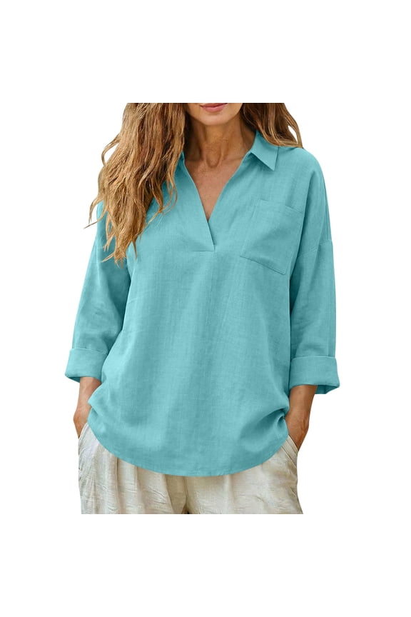 Women's Summer Layering Blouse V-Neck Long Sleeve Linen Cardigan Solid Color Casual Loose Fit Open Front Top Gift