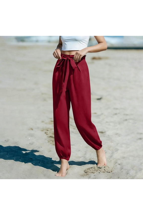 Women's Summer Linen Loose Ankle Cuffed Pants Elastic Drawstring Waist Solid Trousers with Side Pockets Comfy Casual Vacation Bottoms Gift