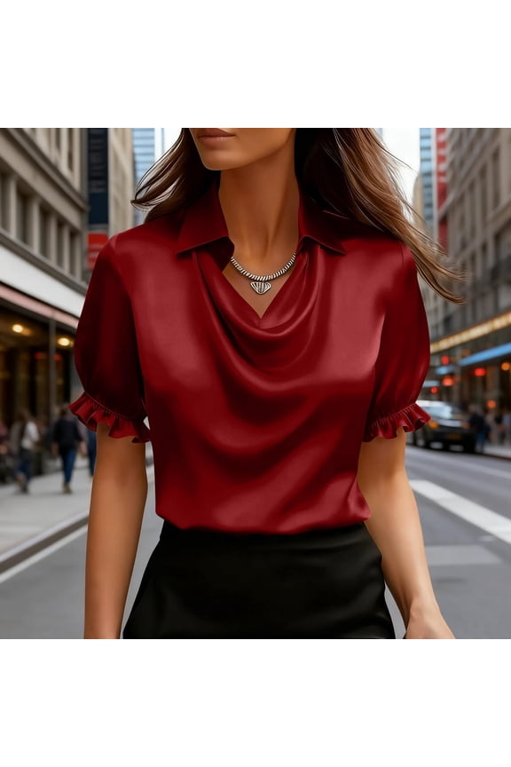 Women's Summer Satin Cowl V Neck Blouse Puff Short Sleeve Ruffle Trim Solid Casual Tops Elegant Business Office Work Wear Breathable Loose Fit Tunic Shirts Gift