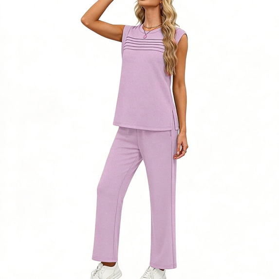 TaTaai Women's Summer Solid Color 2 Piece Outfits Ruched Sleeveless Tank Top Elastic Waist Drawstring Long Pants Casual Comfortable Set Gift