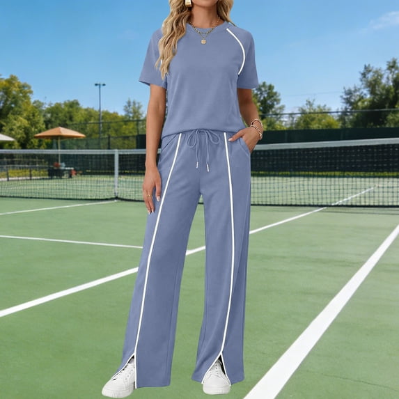 TaTaai Women's Summer Solid Color Short Sleeve Top Wide Leg Pants Mesh Splicing Casual Sport 2 Piece Outfit Soft Comfortable for Daily Wear Gift