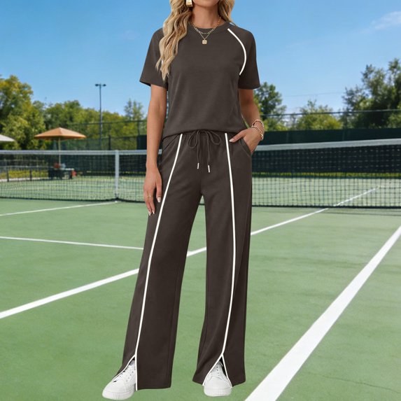 TaTaai Women's Summer Solid Color Short Sleeve Top Wide Leg Pants Mesh Splicing Casual Sport 2 Piece Outfit Soft Comfortable for Daily Wear Gift