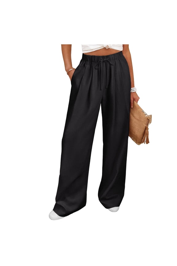 Women's Summer Wide Leg Pants with Pockets Soft Comfy High Waist Elastic Drawstring Loose Fit Straight Casual Trousers Solid Color Beach Daily Holiday Bottoms Gift