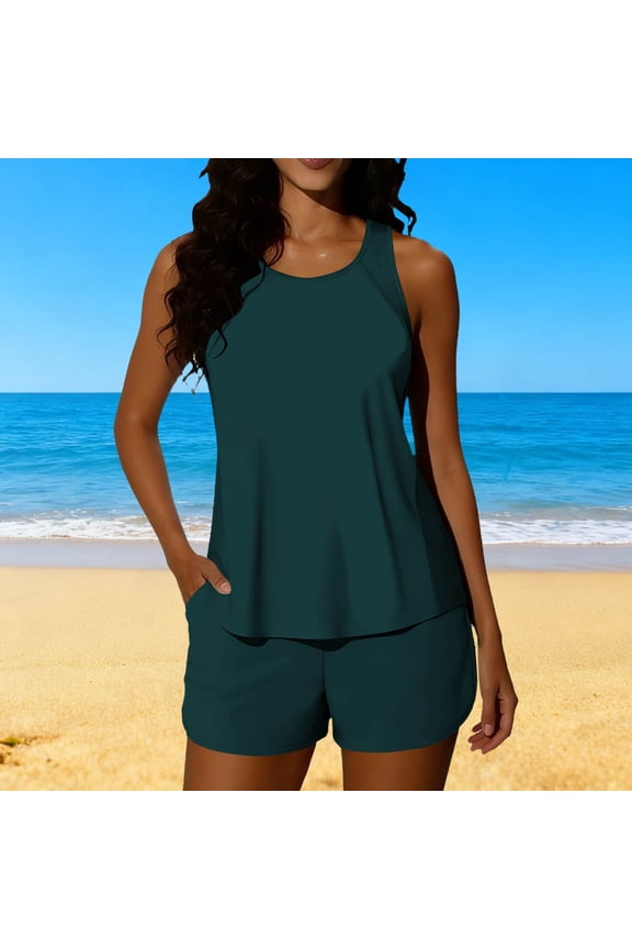 Women‘s Tankini Swimsuit Set with Pockets， Padded Sports Top & Swim Shorts， Conservative Two Piece Bathing Suit for Beach & Pool Gift