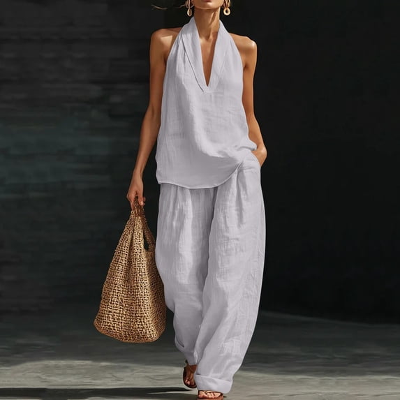 TaTaai Women's Two Piece Linen Set for Women Sleeveless Top with Elastic Waist Pocket Pants Casual Outfit for Summer Daily Gift