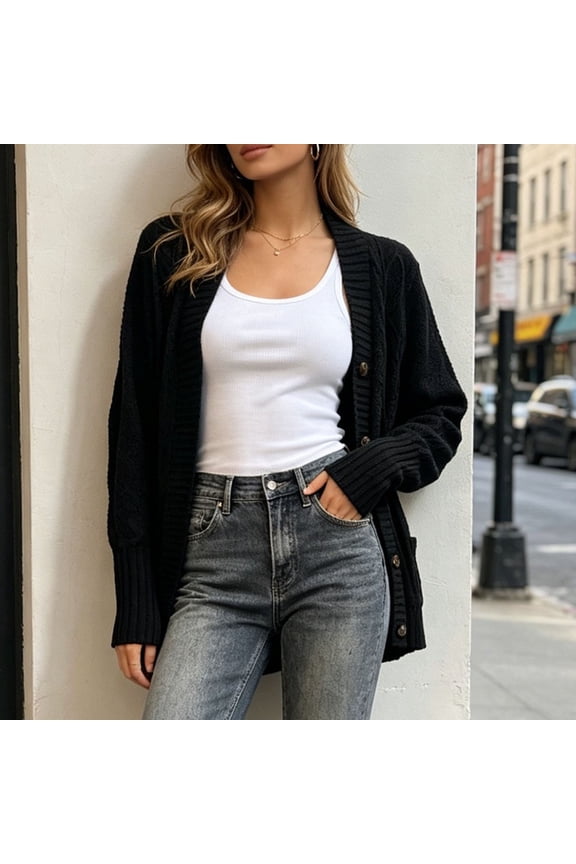 Women's V-Neck Cardigan with Pockets Single Breasted Button Long Sleeve Knit Sweater for Winter Daily