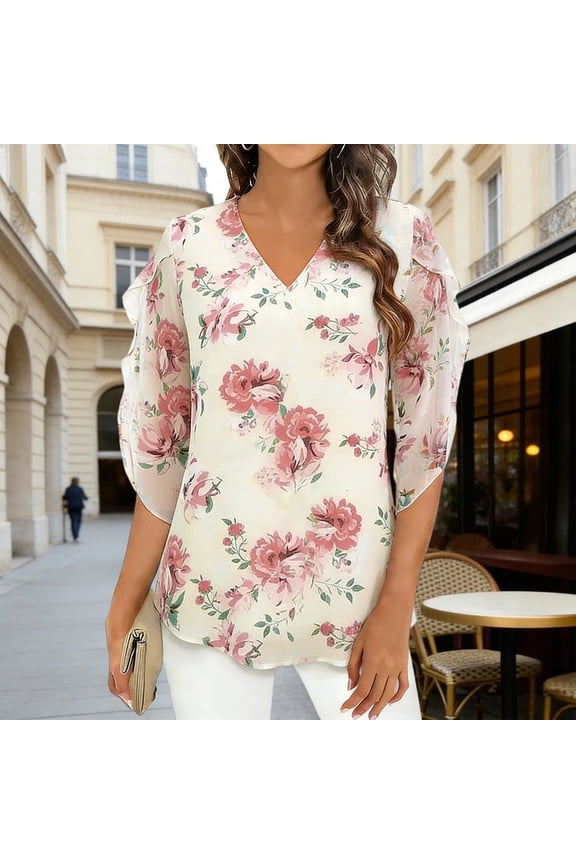 Women's V-Neck Chiffon Shirt Double Layer Three-Quarter Sleeve Loose Blouse Floral Print A-Line Top Breathable Elegant Wear Gift