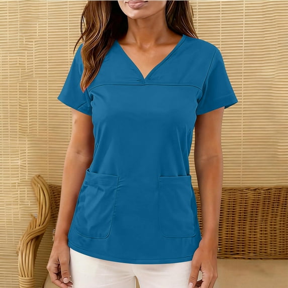 TaTaai Women's V Neck Short Sleeve Caregiver Uniform Tops Solid Color With Pockets Ruffle Design Breathable Comfortable Work Blouses for All Occasions Gift