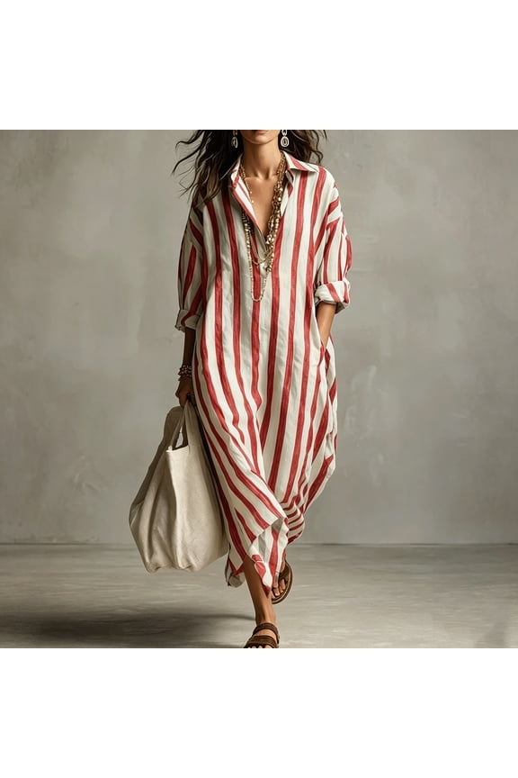 Women's V-Neck Short Sleeve Maxi Dress with Striped Print, Side Pockets, and Relaxed Casual Fit