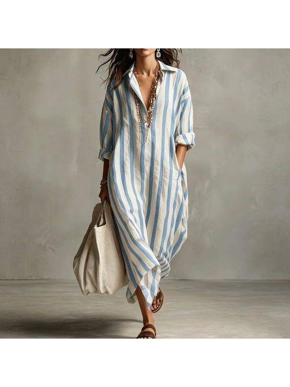 Women's V-Neck Short Sleeve Maxi Dress with Striped Print, Side Pockets, and Relaxed Casual Fit