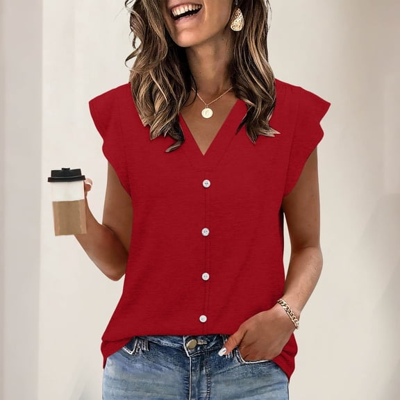 TaTaai Women‘s V Neck Tops for Women Short Sleeve Button Down Flutter Sleeve Loose Fit Blouse Casual Breathable for Daily Spring Summer Gift