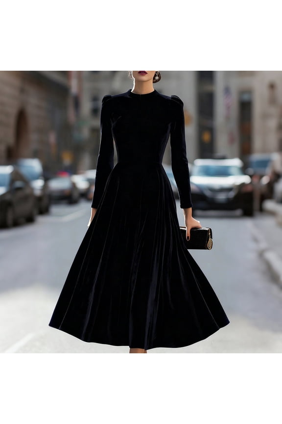 Women‘s Velvet Midi Dress, Long Sleeve Round Neck Solid Color Dress, Plush Velour Evening Gown, Fall Winter Holiday Party Dress Gift