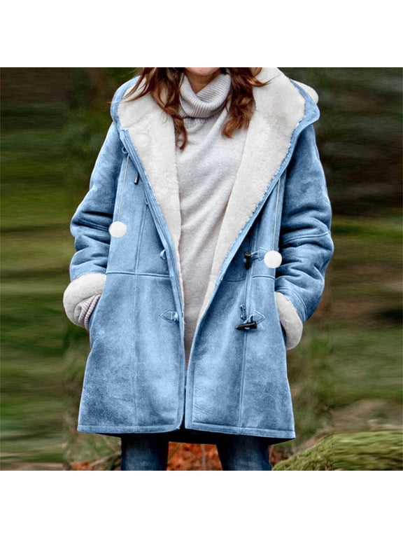 Women's Warm Fleece Lined Coat Toggle Button Hooded Solid Color Winter Jacket for Daily