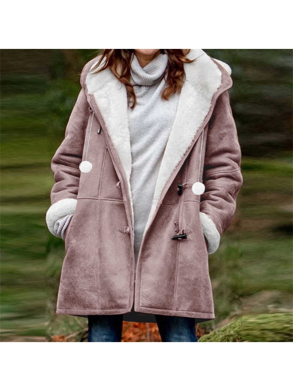 Women's Warm Fleece Lined Coat Toggle Button Hooded Solid Color Winter Jacket for Daily