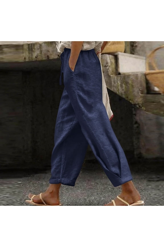 Women's Wide Leg Linen Pants for Women Solid Color Drawstring Elastic Waist Loose Fit Trousers with Pockets for Daily Gift