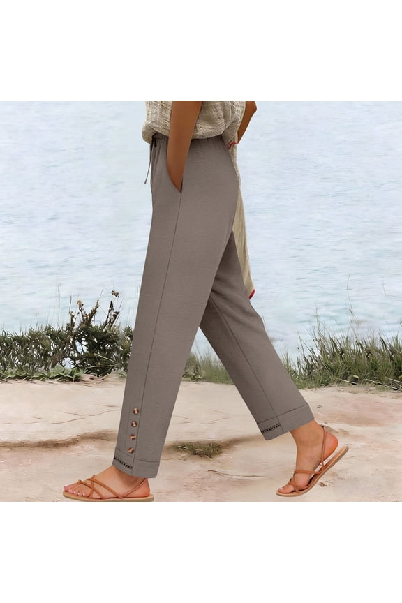 Women's Wide Leg Pants Crinkled Fabric Drawstring Elastic Waist Loose Fit Casual Cotton Linen Blend Trousers for Spring Summer Daily Gift