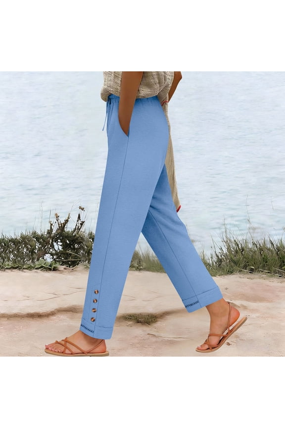 Women's Wide Leg Pants Crinkled Fabric Drawstring Elastic Waist Loose Fit Casual Cotton Linen Blend Trousers for Spring Summer Daily Gift