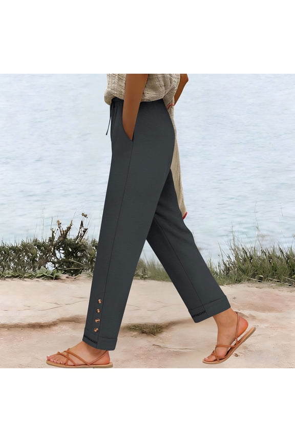 Women's Wide Leg Pants Crinkled Fabric Drawstring Elastic Waist Loose Fit Casual Cotton Linen Blend Trousers for Spring Summer Daily Gift