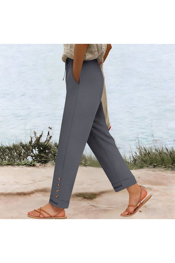 Women's Wide Leg Pants Crinkled Fabric Drawstring Elastic Waist Loose Fit Casual Cotton Linen Blend Trousers for Spring Summer Daily Gift