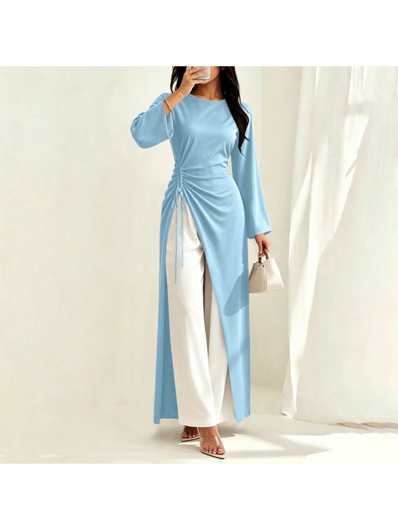 Women's Winter Solid Color Long Sleeve Round Neck Side Drawstring Cinched Casual Top Maxi Tunic