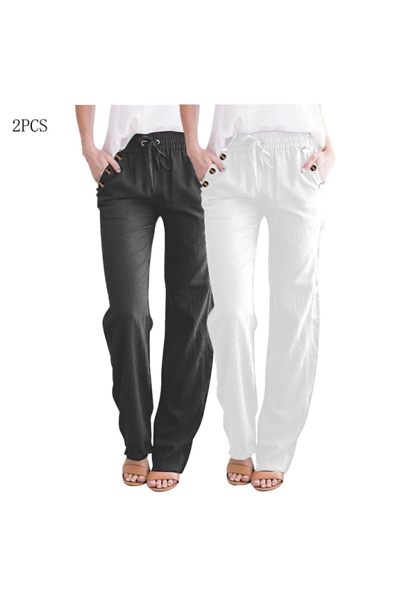 Womens 2 Pack Solid Drawstring Linen Blend Wide Leg Pants with Pockets Loose Straight for Daily Home Beach Summer
