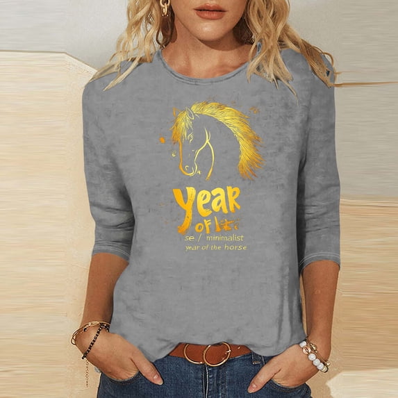 TaTaai Womens 2026 New Year Celebration Print Three Quarter Sleeve Top Round Neck Casual Blouse Holiday Festival Party Wear Gift