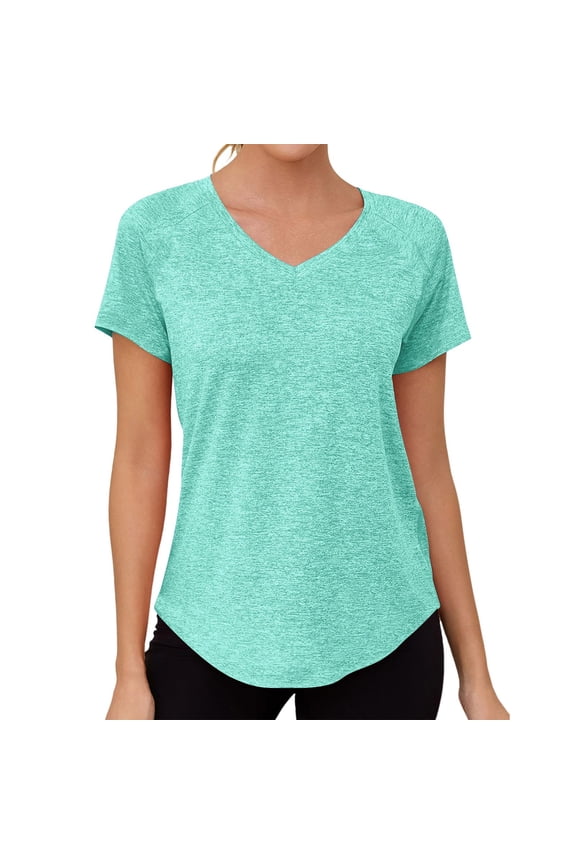 Womens Active Tops Short Sleeve Loose Fit V Neck Raglan Sleeve Curved Hem Solid Blouse for Sports Running Gift