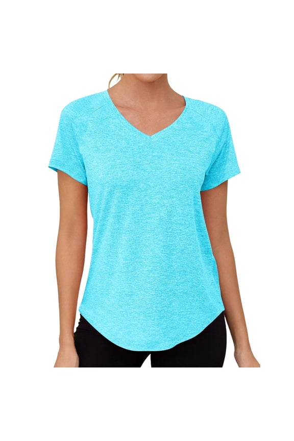 Womens Active Tops Short Sleeve Loose Fit V Neck Raglan Sleeve Curved Hem Solid Blouse for Sports Running Gift