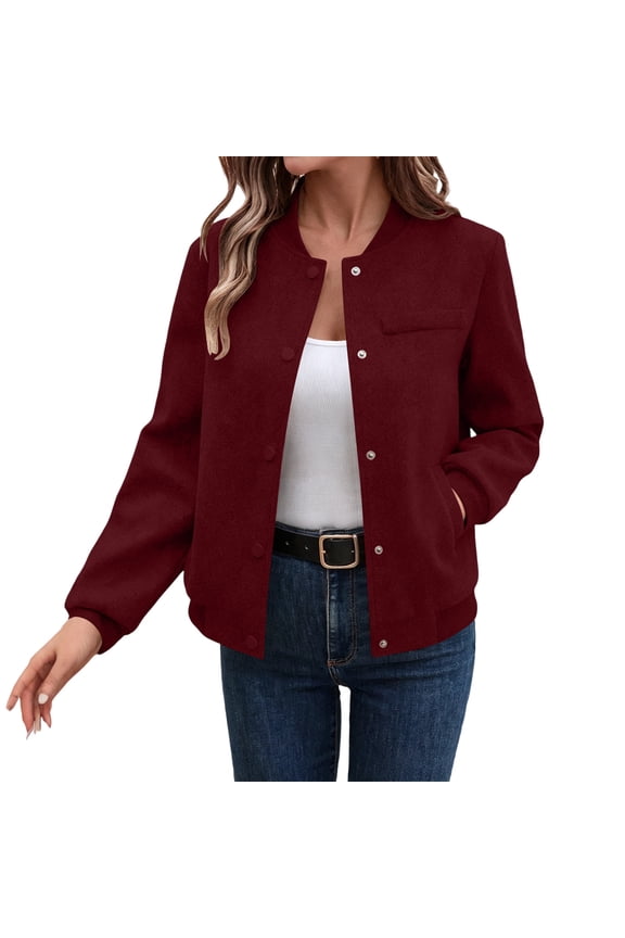 Womens Baseball Jacket Long Sleeve Stand Collar Solid Wool Blend Button Down with Pockets Casual for Fall Winter