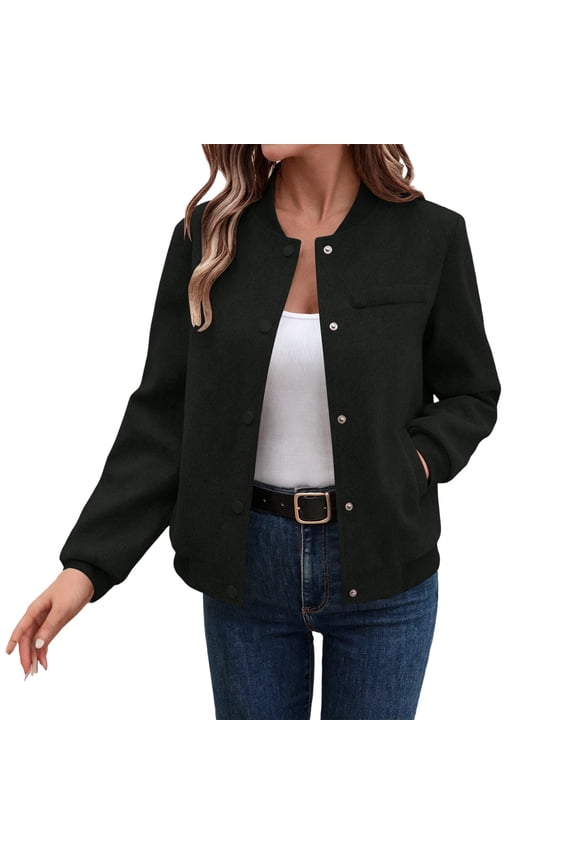 Womens Baseball Jacket Long Sleeve Stand Collar Solid Wool Blend Button Down with Pockets Casual for Fall Winter
