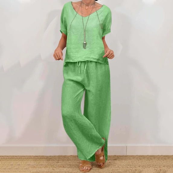 TaTaai Womens Beach Outfit Set Womens Loose Casual V Neck Pullover Short Sleeve Top With Long Pants Two Piece Suit Gift