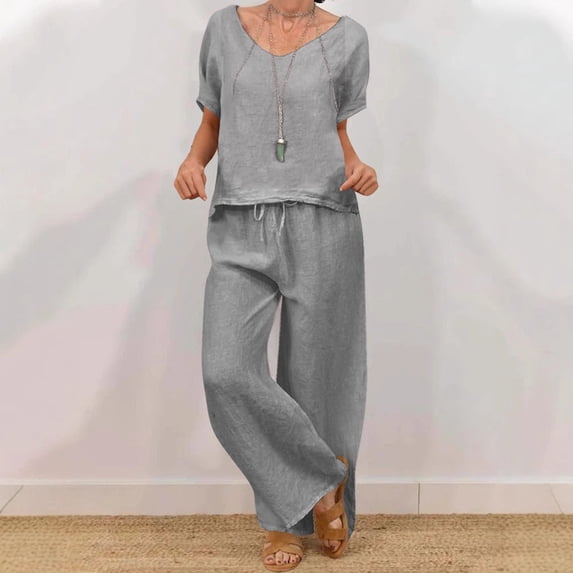 TaTaai Womens Beach Outfit Set Womens Loose Casual V Neck Pullover Short Sleeve Top With Long Pants Two Piece Suit Gift
